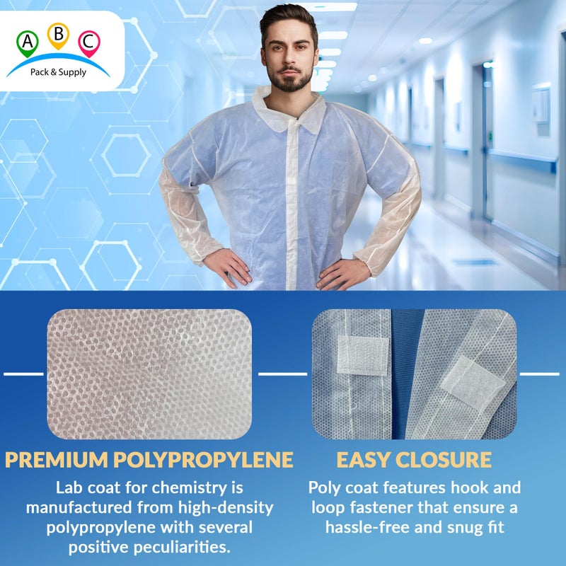 ABC PACK & SUPPLY Disposable Lab Coats for Adults, XX-Large. Pack of 10 White Disposable Coats Medical. Splash-Proof Adult Lab Coat Disposable with Elastic Cuffs, Hook & Loop Fastener, No Pockets - Image 3